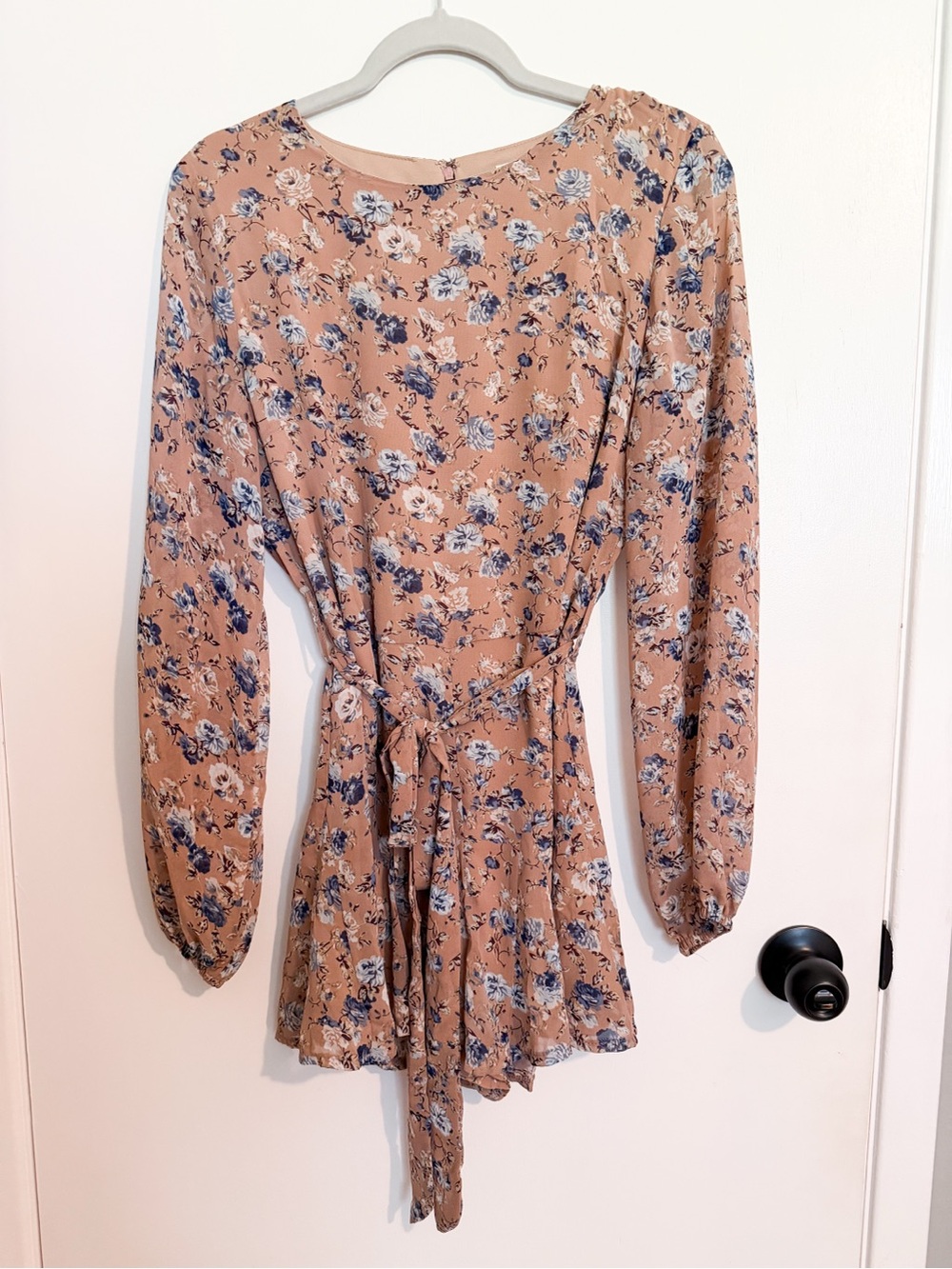 She + Sky Peach Floral Long-Sleeve Tie-Waist Mini Dress